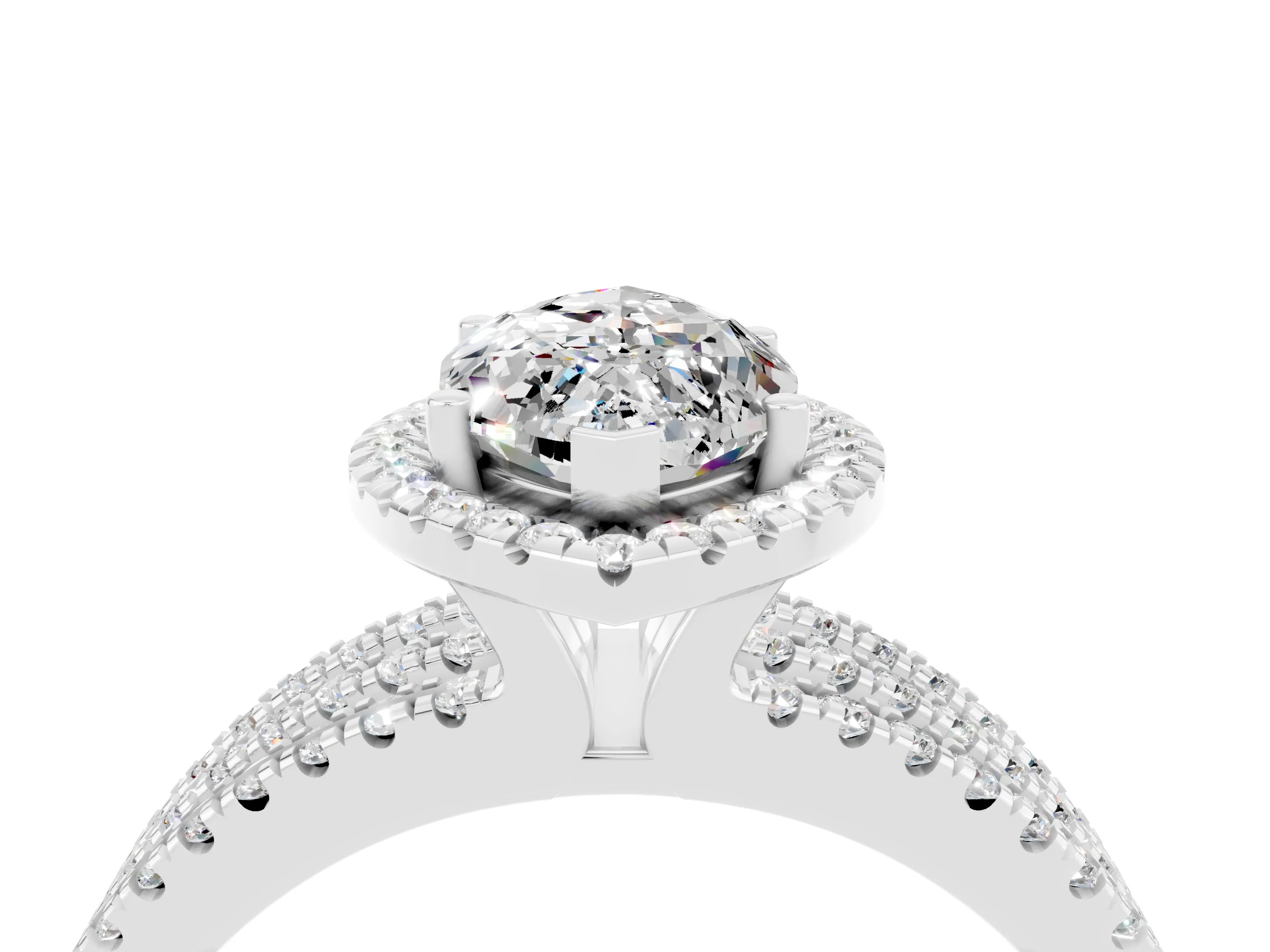 White gold {shape_name} Moissanite Halo Engagement Ring with Split Shank and Four-Prong Setting_16