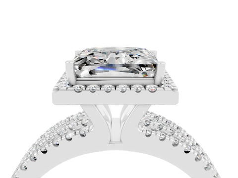 White gold {shape_name} Moissanite Halo Engagement Ring with Split Shank and Four-Prong Setting_16