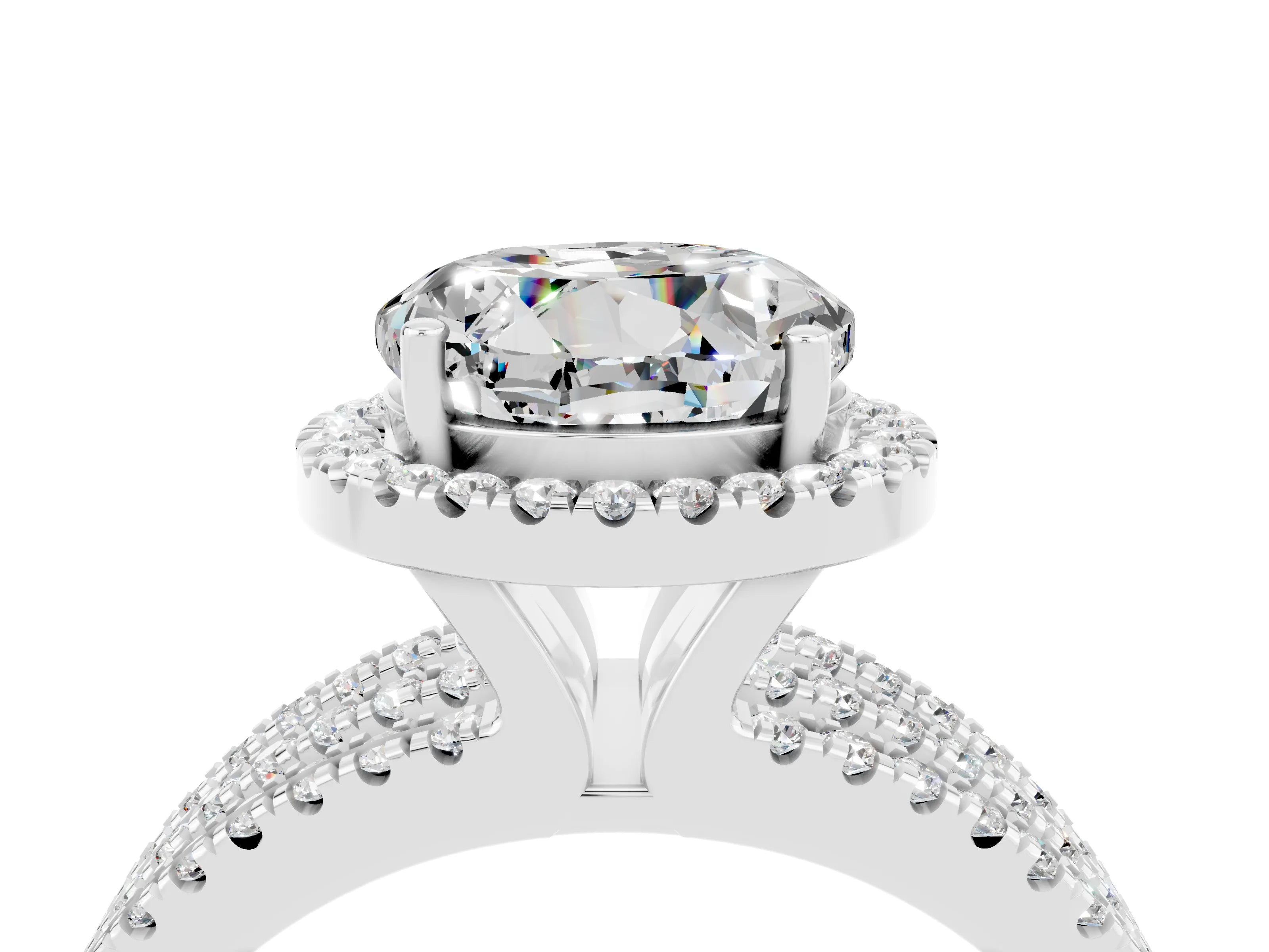 White gold {shape_name} Moissanite Halo Engagement Ring with Split Shank and Four-Prong Setting_16