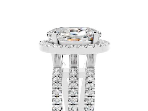 White gold {shape_name} Moissanite Halo Engagement Ring with Split Shank and Four-Prong Setting_17