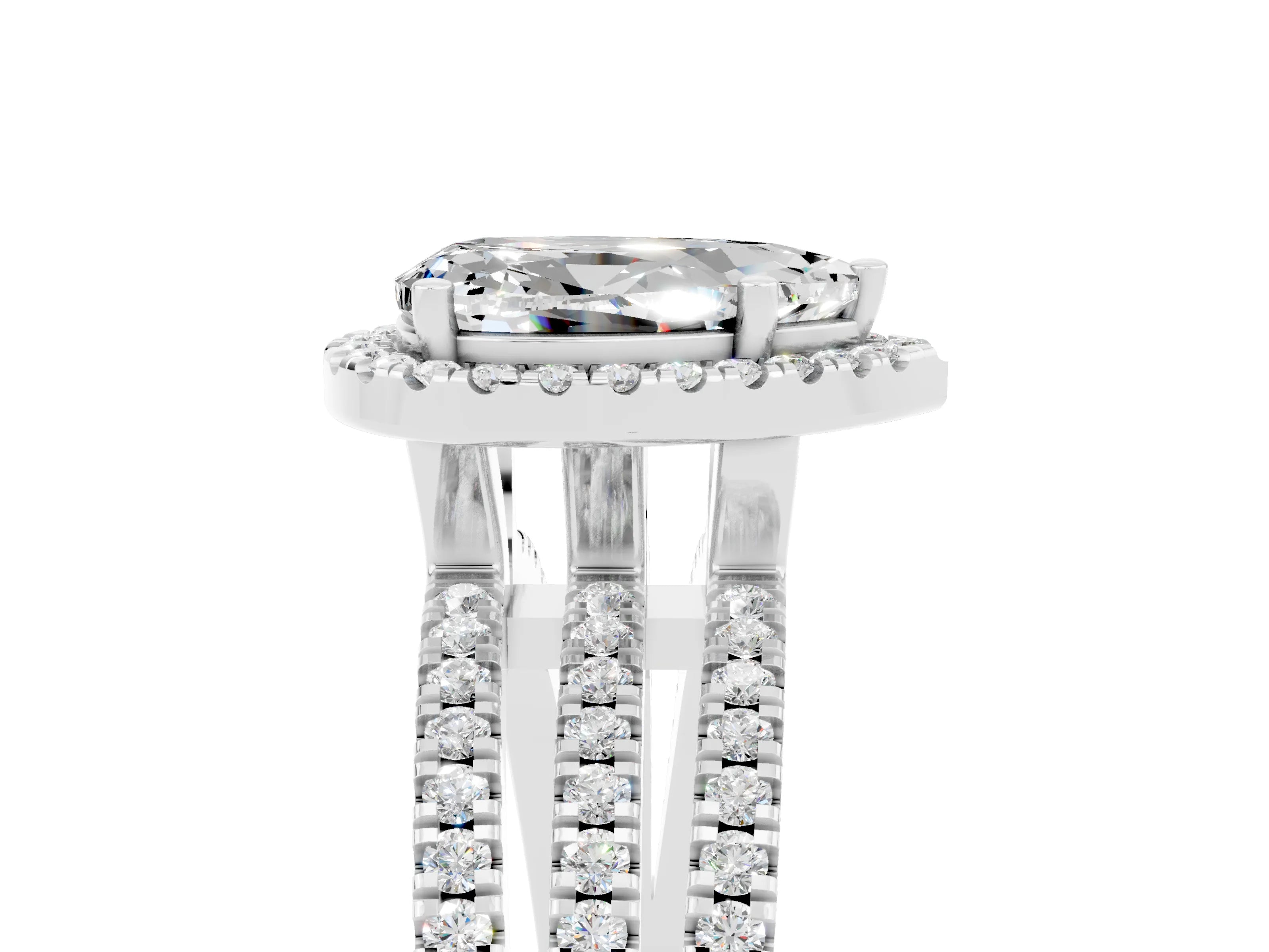 White gold {shape_name} Moissanite Halo Engagement Ring with Split Shank and Four-Prong Setting_17