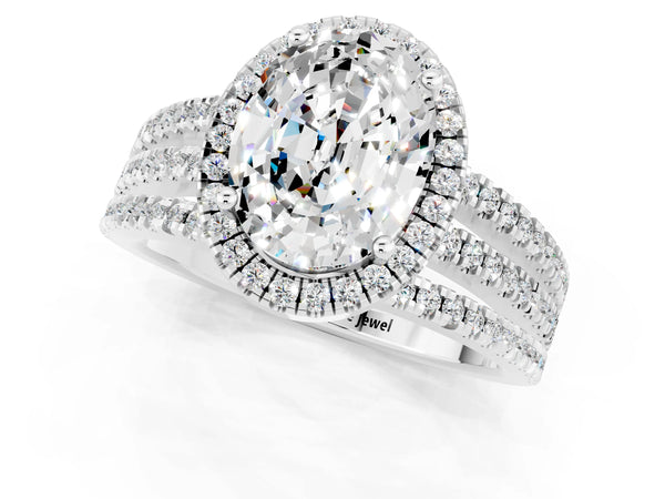 Silver Oval Cut Moissanite Halo Engagement Ring with Split Shank and Four-Prong Setting