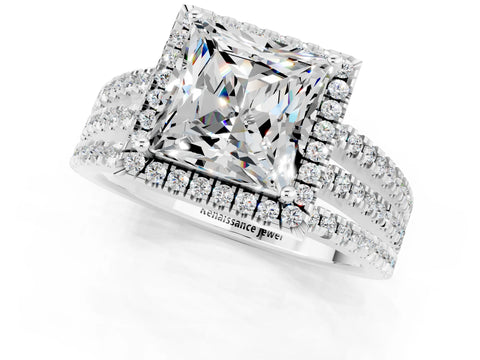 White gold {shape_name} Moissanite Halo Engagement Ring with Split Shank and Four-Prong Setting_1