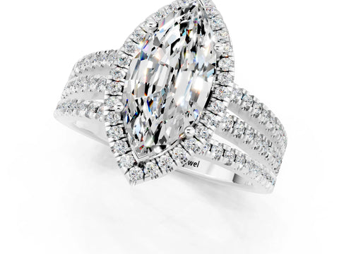 White gold {shape_name} Moissanite Halo Engagement Ring with Split Shank and Four-Prong Setting_1