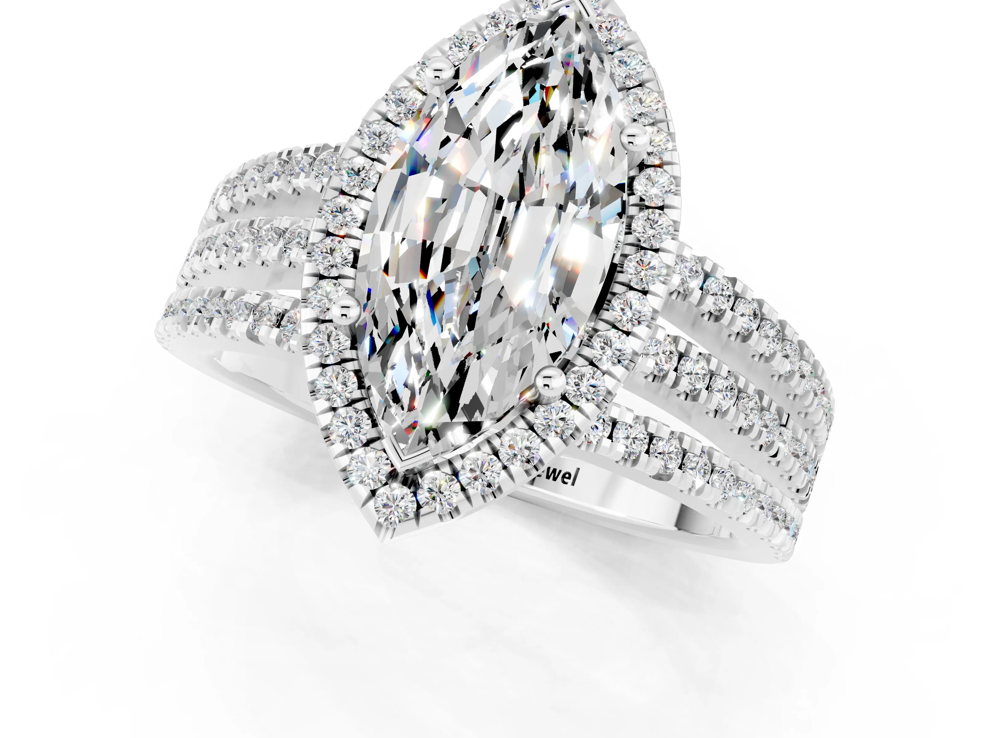 White gold {shape_name} Moissanite Halo Engagement Ring with Split Shank and Four-Prong Setting_1