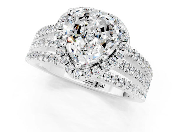 Platinum Heart Cut Moissanite Halo Engagement Ring with Split Shank and Four-Prong Setting