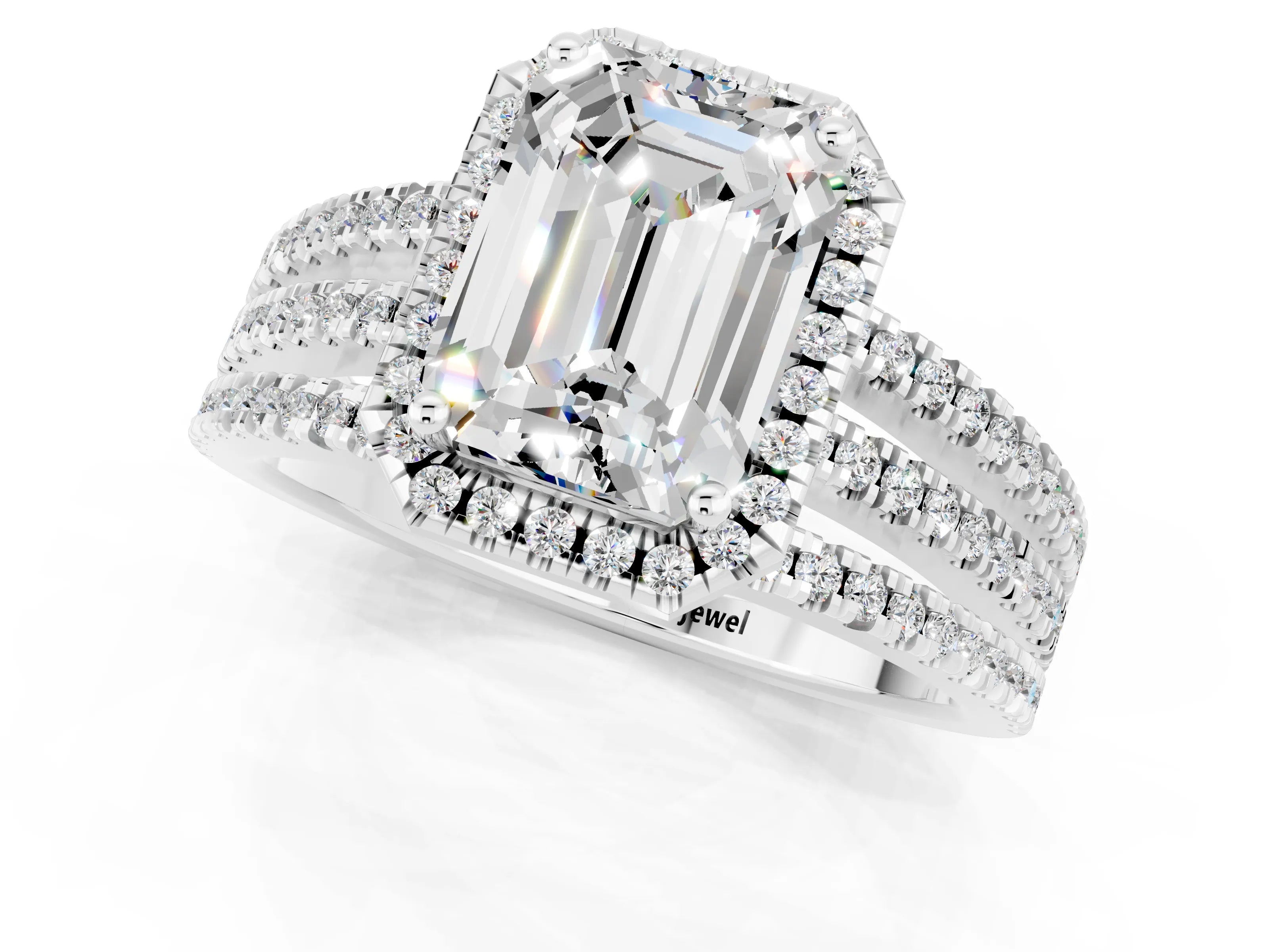 White gold {shape_name} Moissanite Halo Engagement Ring with Split Shank and Four-Prong Setting_1