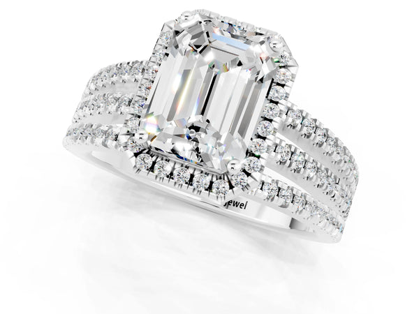 Silver Emerald Cut Moissanite Halo Engagement Ring with Split Shank and Four-Prong Setting