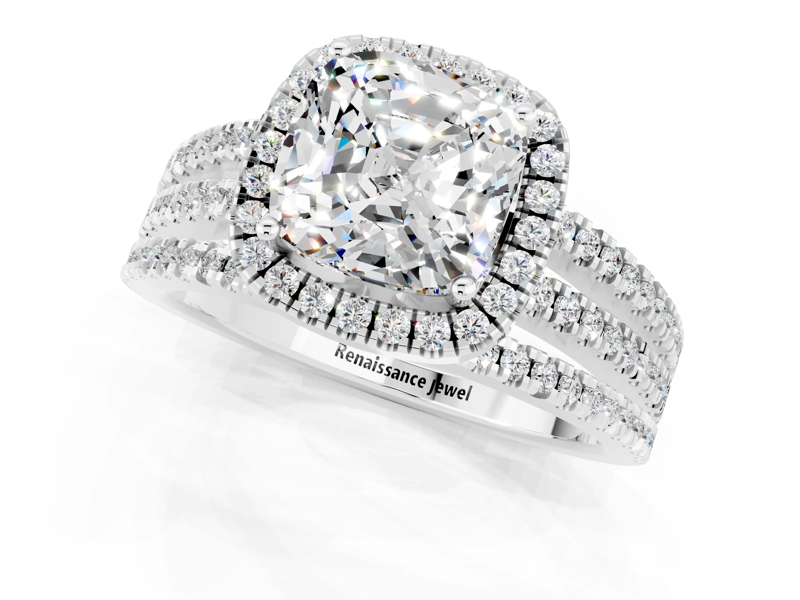 White gold {shape_name} Moissanite Halo Engagement Ring with Split Shank and Four-Prong Setting_1