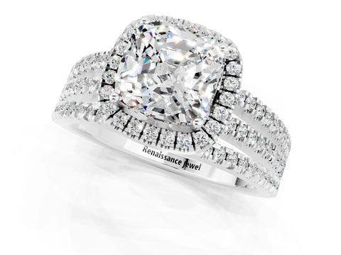 White gold {shape_name} Moissanite Halo Engagement Ring with Split Shank and Four-Prong Setting_1