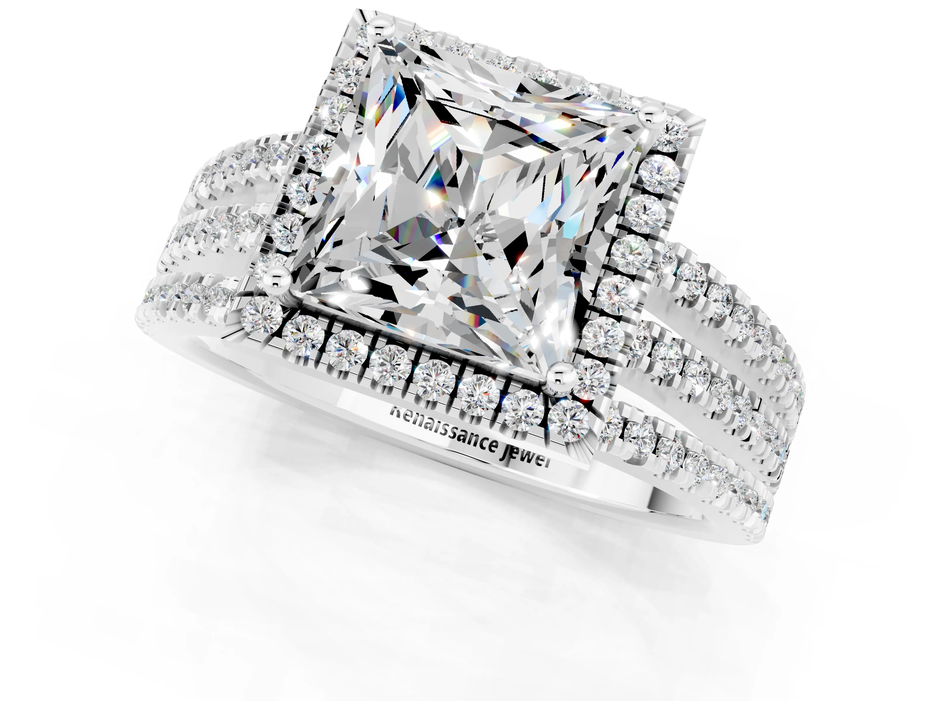 White gold {shape_name} Moissanite Halo Engagement Ring with Split Shank and Four-Prong Setting_1