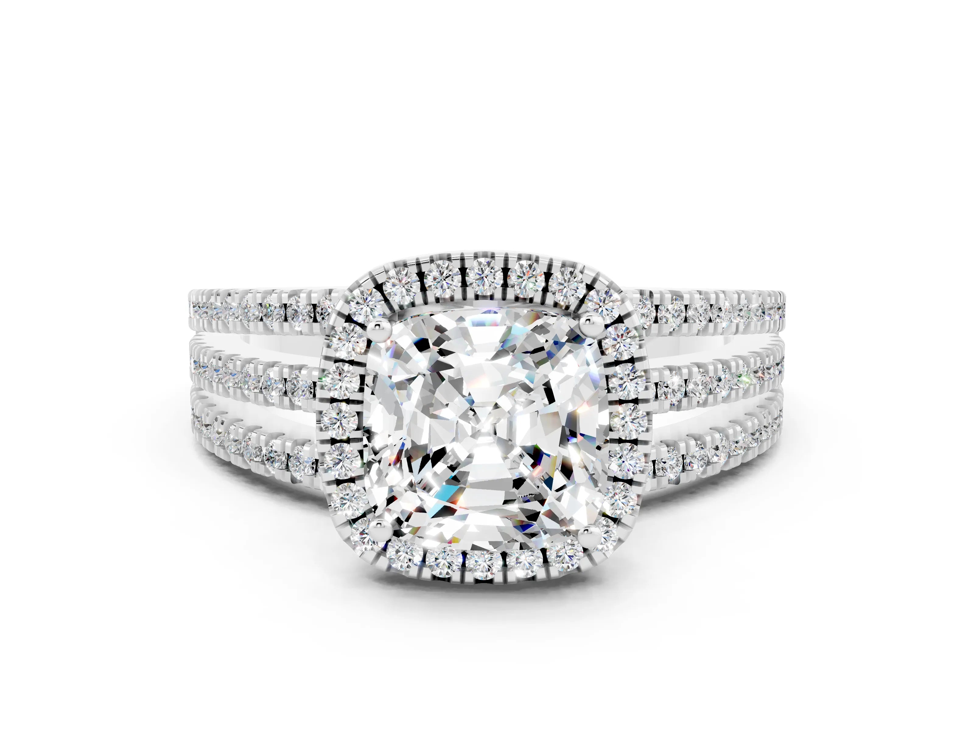 White gold {shape_name} Moissanite Halo Engagement Ring with Split Shank and Four-Prong Setting