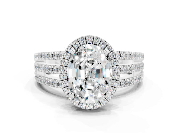 Silver Oval Cut Moissanite Halo Engagement Ring with Split Shank and Four-Prong Setting
