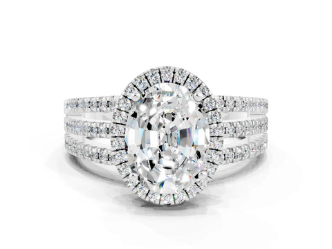 White gold {shape_name} Moissanite Halo Engagement Ring with Split Shank and Four-Prong Setting