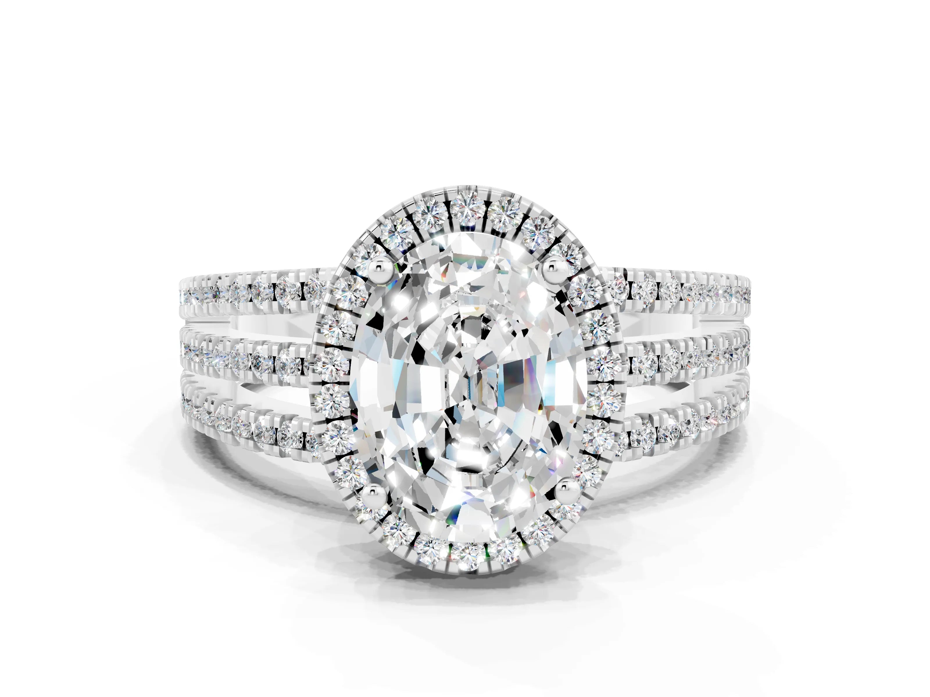 White gold {shape_name} Moissanite Halo Engagement Ring with Split Shank and Four-Prong Setting