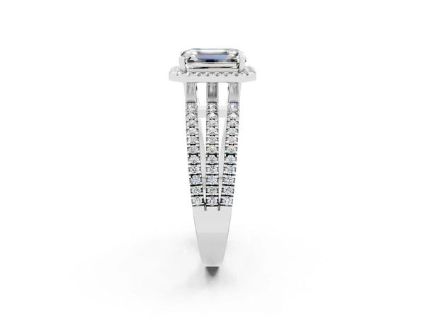 Silver Emerald Cut Moissanite Halo Engagement Ring with Split Shank and Four-Prong Setting