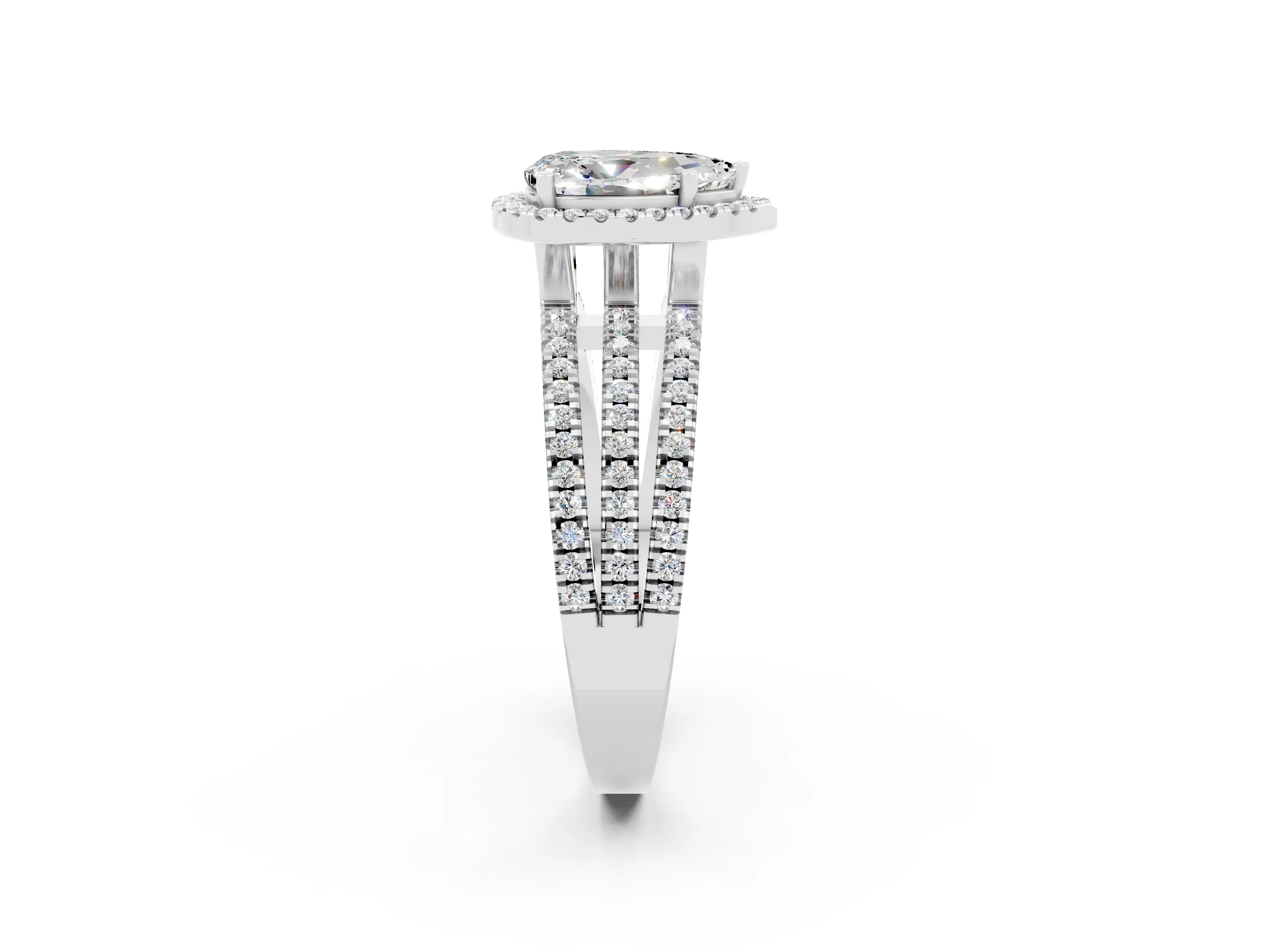 White gold {shape_name} Moissanite Halo Engagement Ring with Split Shank and Four-Prong Setting_2