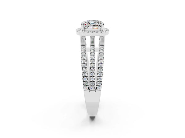 Silver Cushion Cut Moissanite Halo Engagement Ring with Split Shank and Four-Prong Setting