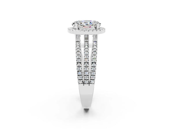Silver Oval Cut Moissanite Halo Engagement Ring with Split Shank and Four-Prong Setting