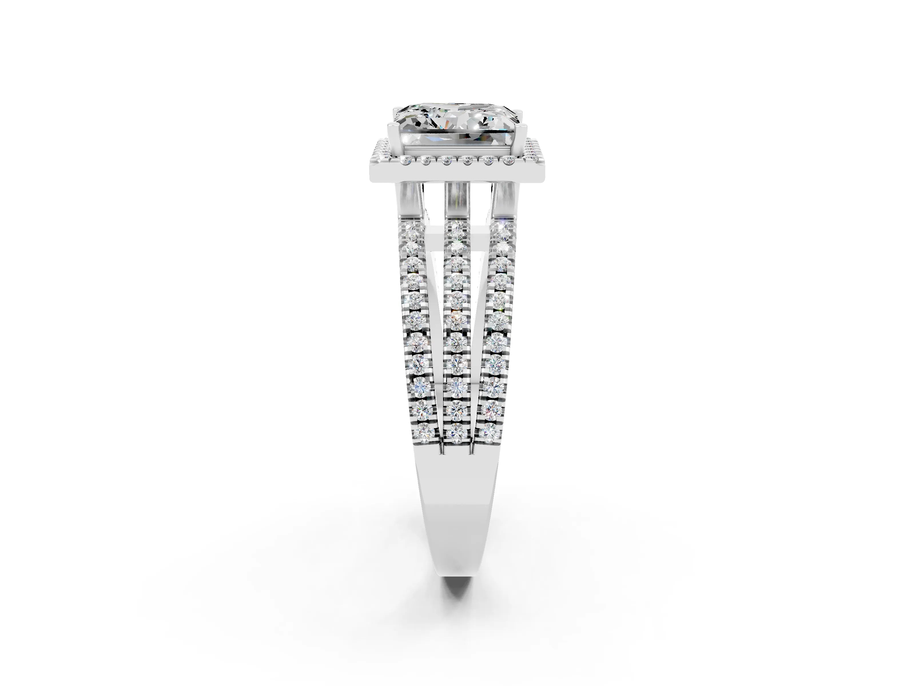 White gold {shape_name} Moissanite Halo Engagement Ring with Split Shank and Four-Prong Setting_2