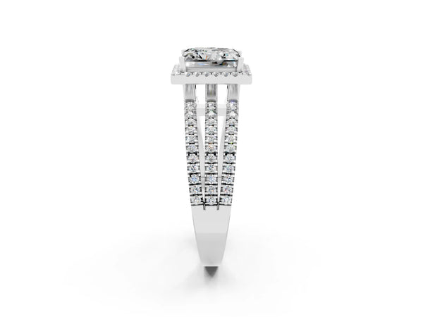 Platinum Princess Cut Moissanite Halo Engagement Ring with Split Shank and Four-Prong Setting