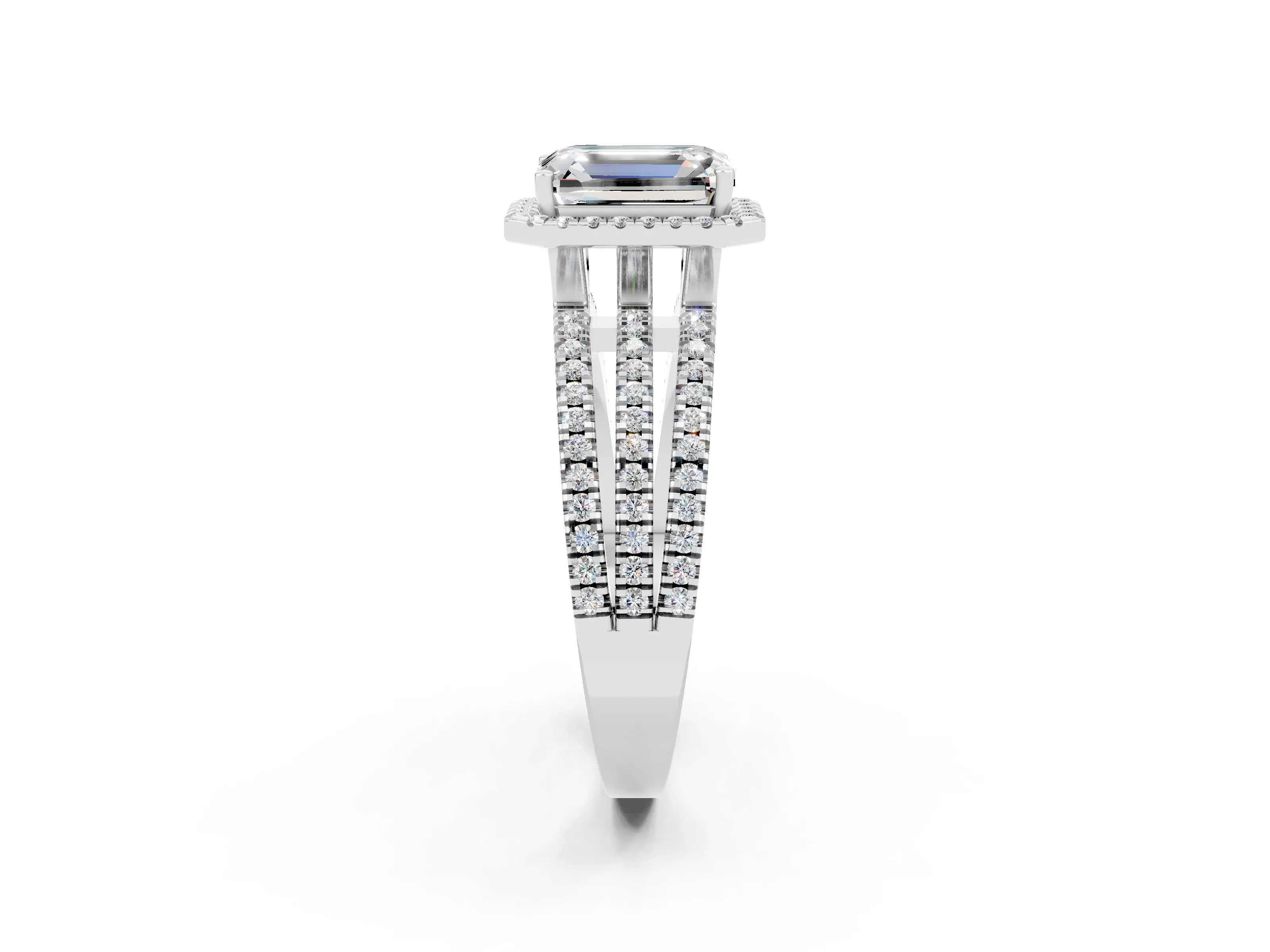 White gold {shape_name} Moissanite Halo Engagement Ring with Split Shank and Four-Prong Setting_2