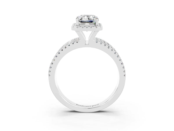Silver Emerald Cut Moissanite Halo Engagement Ring with Split Shank and Four-Prong Setting