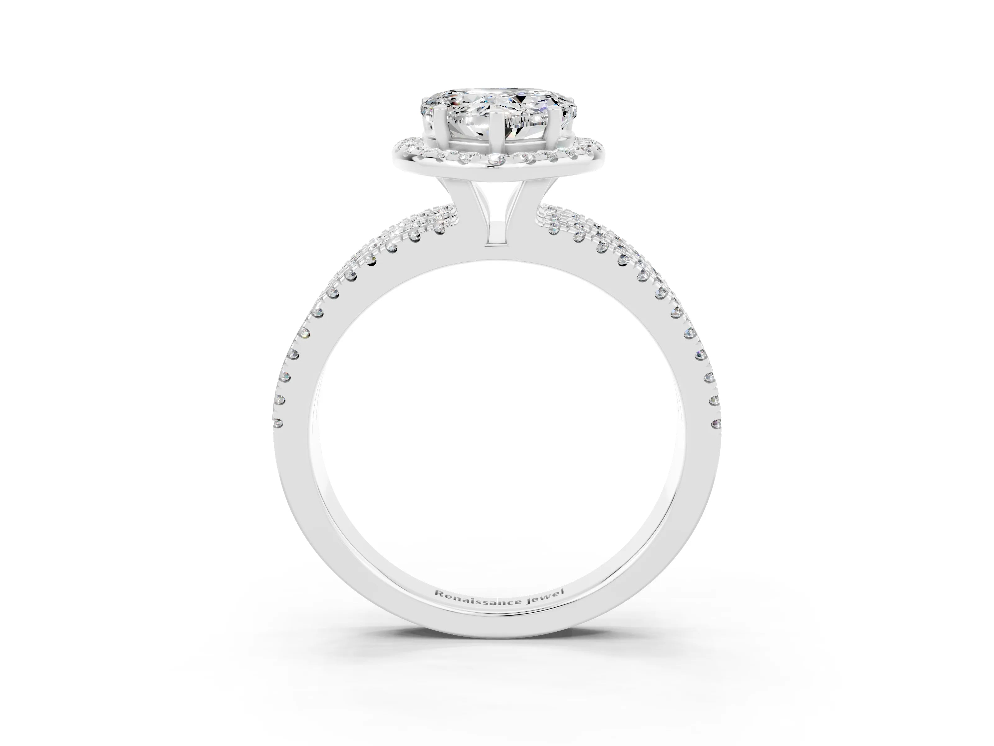 White gold {shape_name} Moissanite Halo Engagement Ring with Split Shank and Four-Prong Setting_3