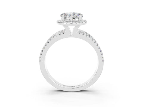 White gold {shape_name} Moissanite Halo Engagement Ring with Split Shank and Four-Prong Setting_3