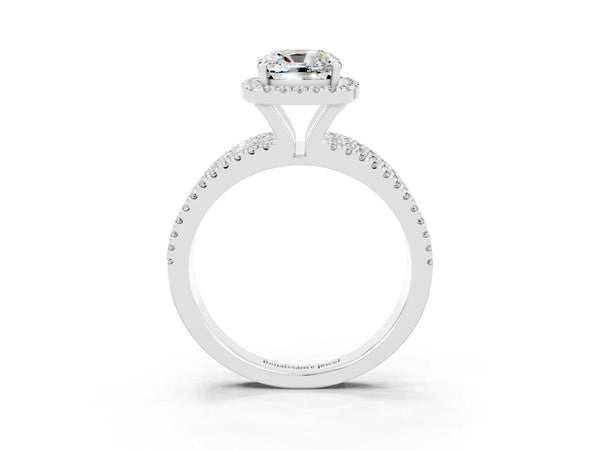 Silver Cushion Cut Moissanite Halo Engagement Ring with Split Shank and Four-Prong Setting