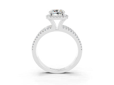 White gold {shape_name} Moissanite Halo Engagement Ring with Split Shank and Four-Prong Setting_3