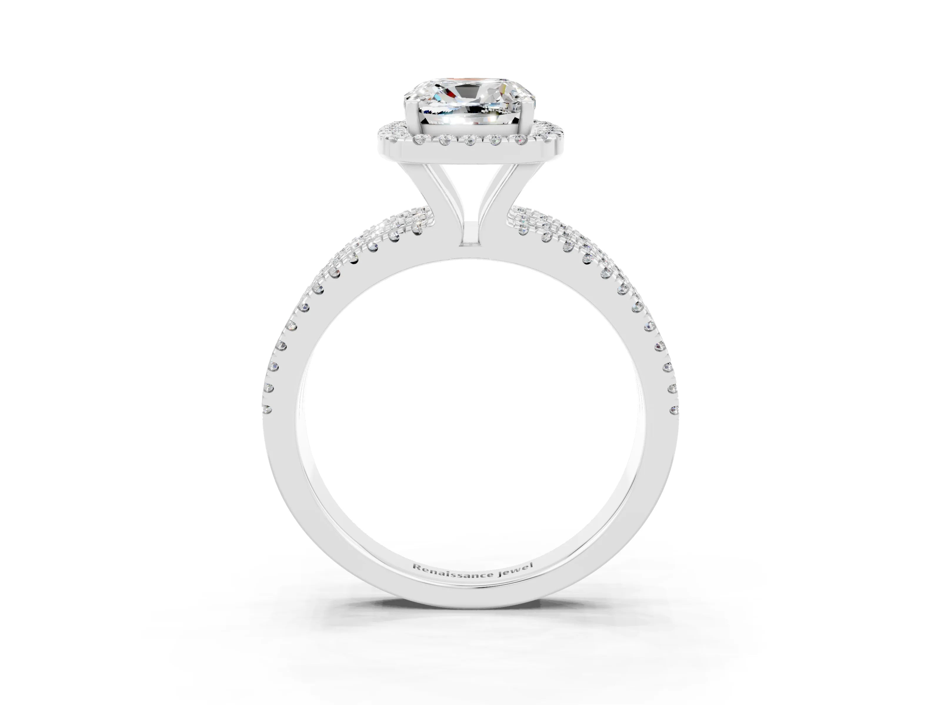 White gold {shape_name} Moissanite Halo Engagement Ring with Split Shank and Four-Prong Setting_3
