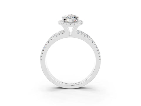 White gold {shape_name} Moissanite Halo Engagement Ring with Split Shank and Four-Prong Setting_3
