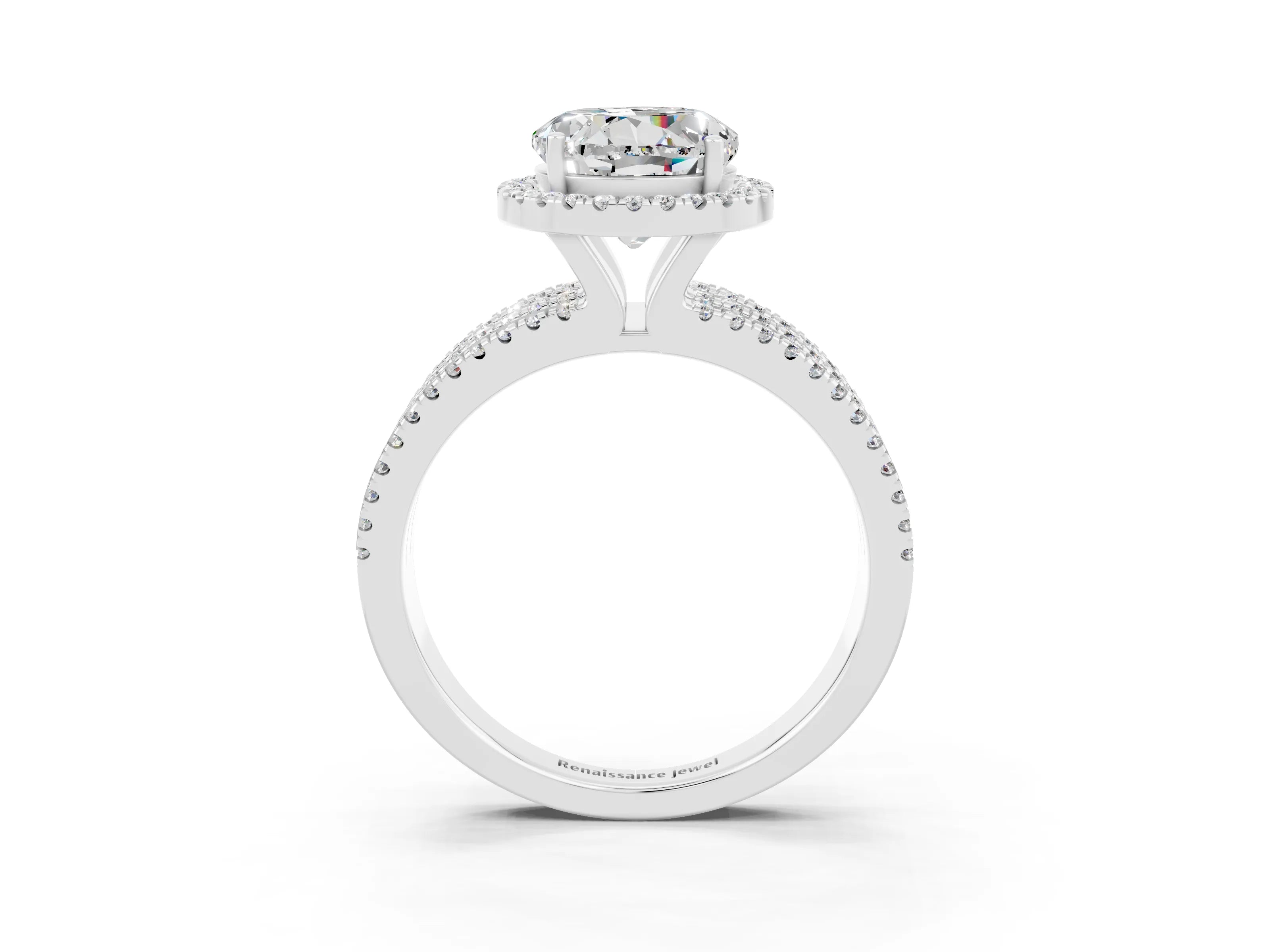 White gold {shape_name} Moissanite Halo Engagement Ring with Split Shank and Four-Prong Setting_3