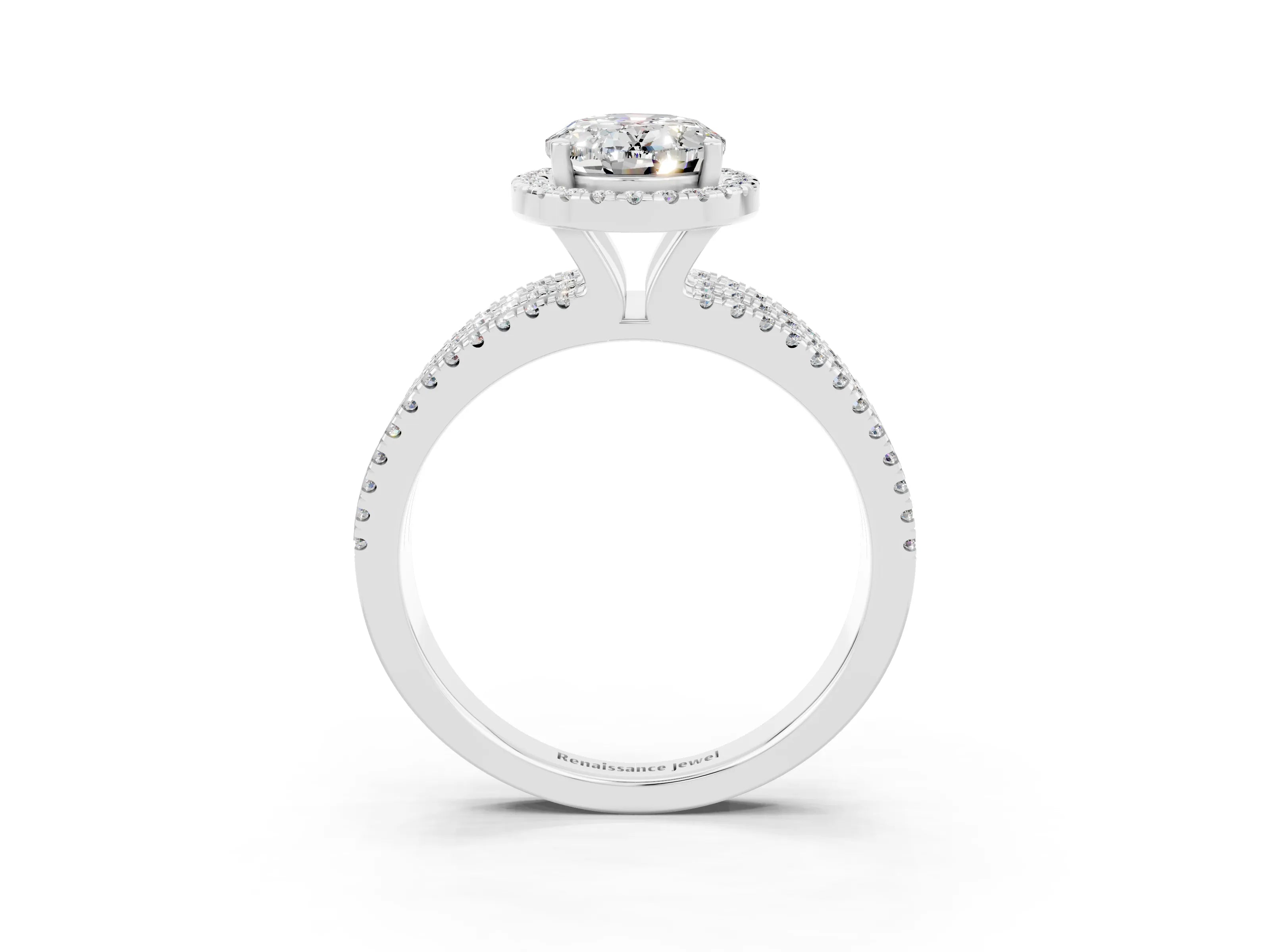 White gold {shape_name} Moissanite Halo Engagement Ring with Split Shank and Four-Prong Setting_3