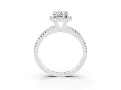 White gold {shape_name} Moissanite Halo Engagement Ring with Split Shank and Four-Prong Setting_3