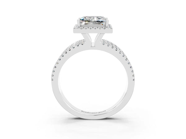 Platinum Princess Cut Moissanite Halo Engagement Ring with Split Shank and Four-Prong Setting