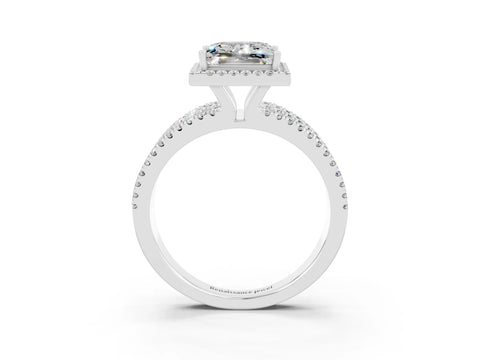 White gold {shape_name} Moissanite Halo Engagement Ring with Split Shank and Four-Prong Setting_3
