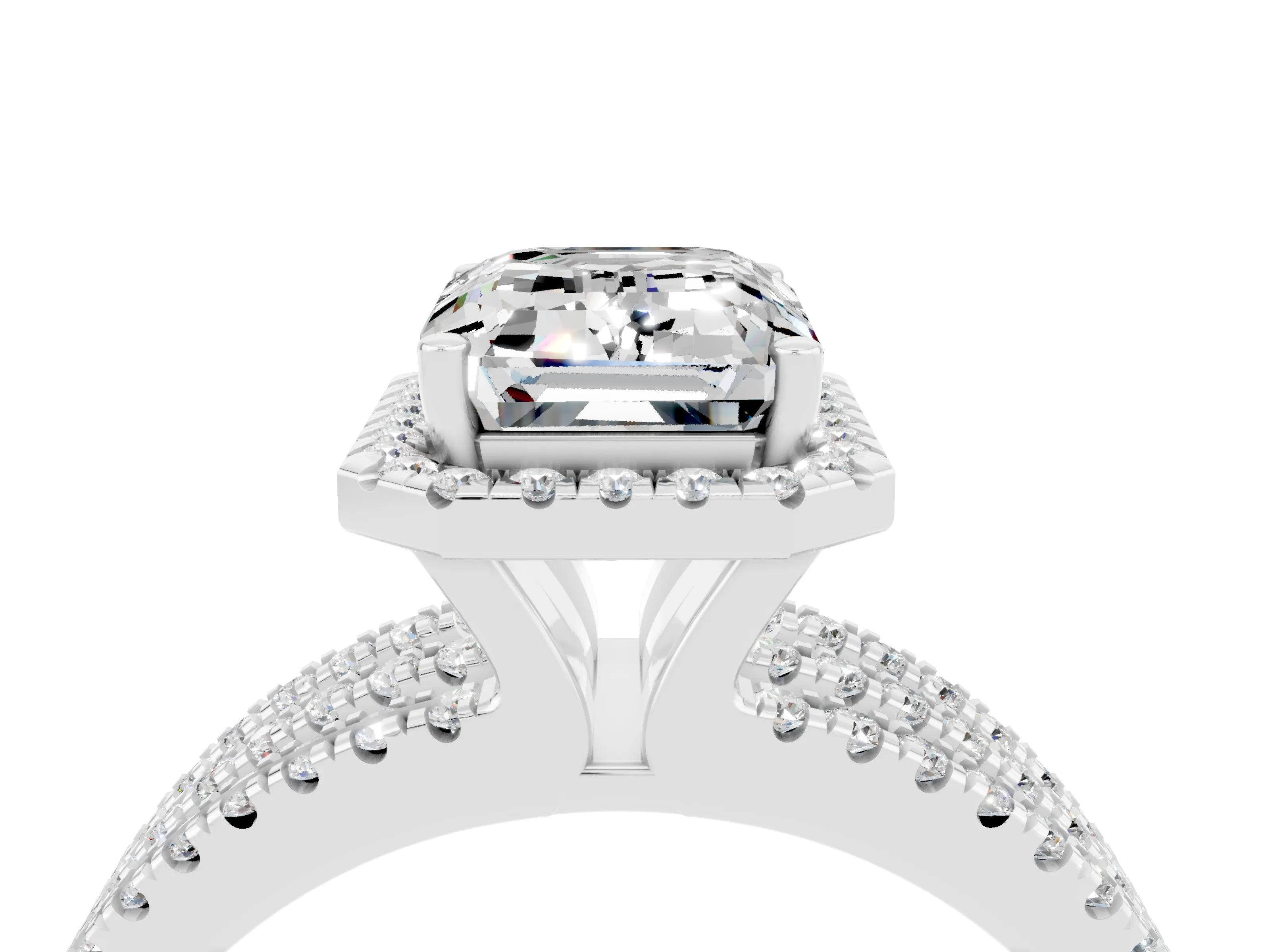 White gold {shape_name} Moissanite Halo Engagement Ring with Split Shank and Four-Prong Setting_4
