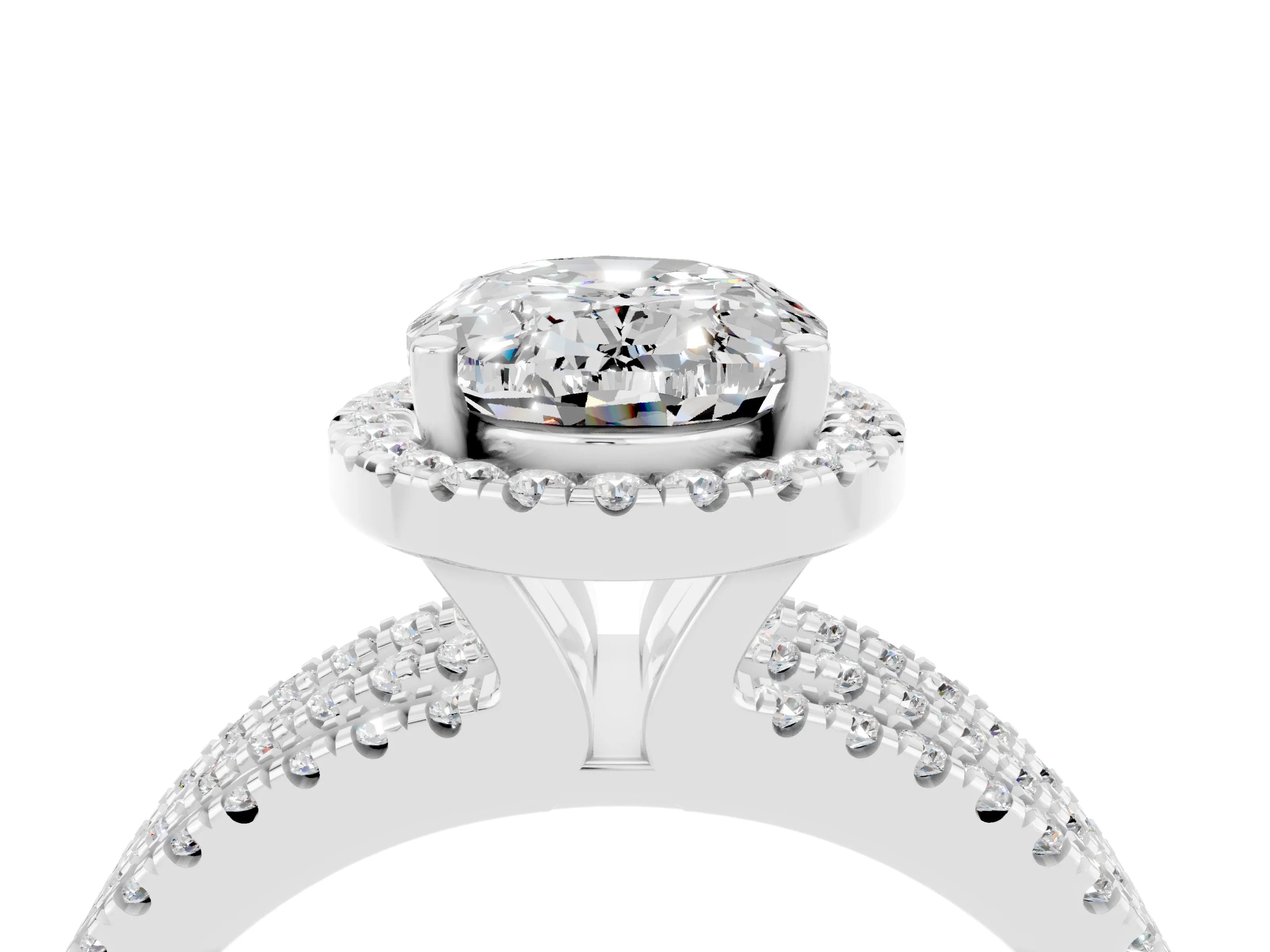 White gold {shape_name} Moissanite Halo Engagement Ring with Split Shank and Four-Prong Setting_4