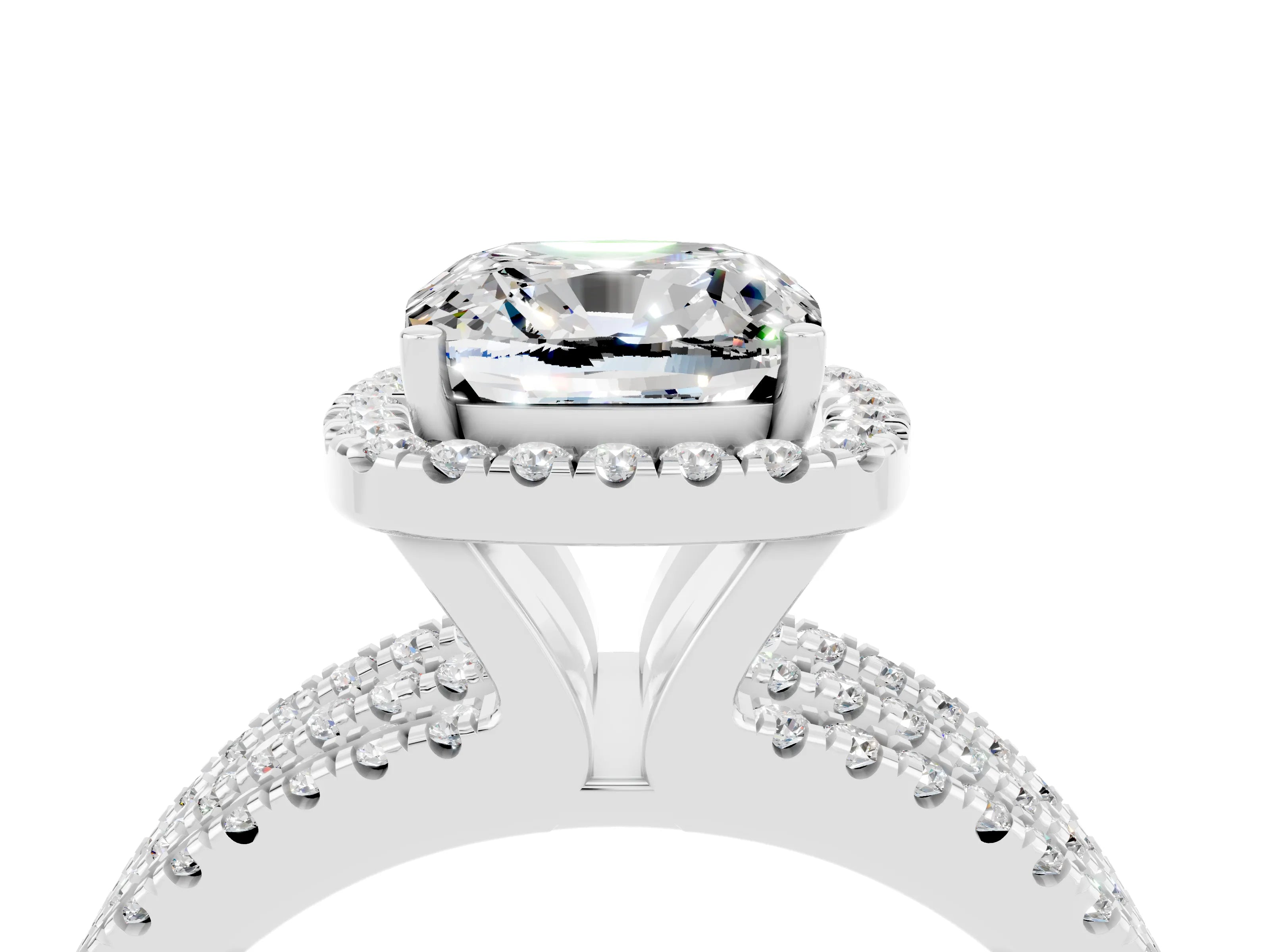 White gold {shape_name} Moissanite Halo Engagement Ring with Split Shank and Four-Prong Setting_4