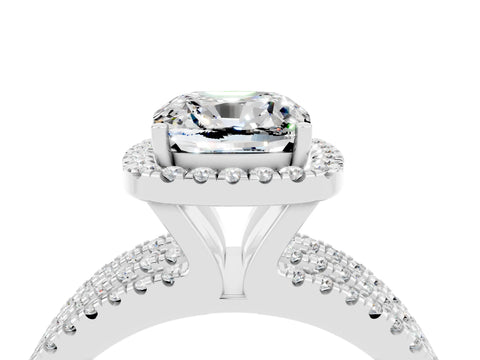 White gold {shape_name} Moissanite Halo Engagement Ring with Split Shank and Four-Prong Setting_4
