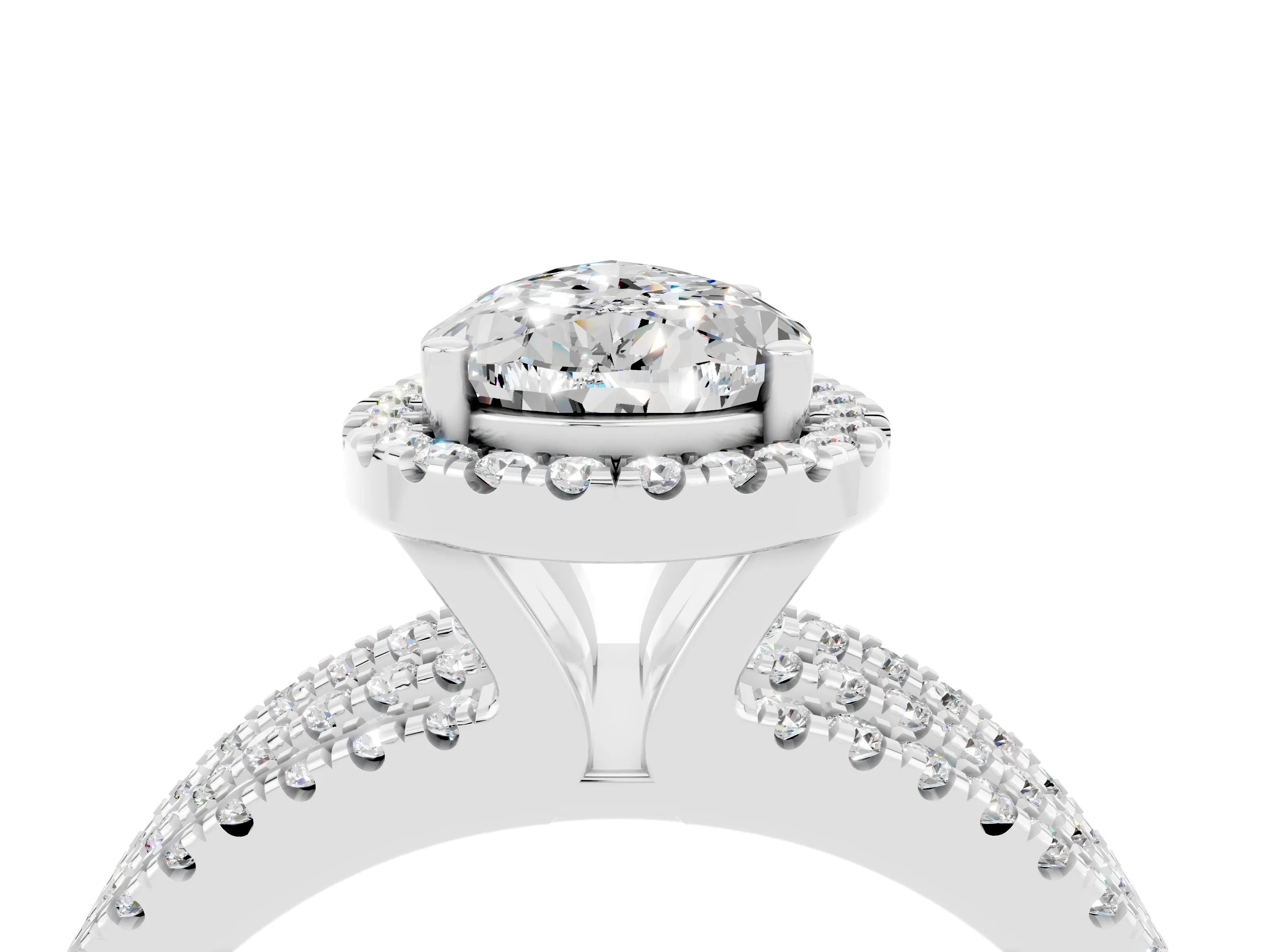 White gold {shape_name} Moissanite Halo Engagement Ring with Split Shank and Four-Prong Setting_4