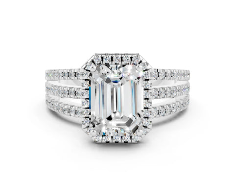 White gold {shape_name} Moissanite Halo Engagement Ring with Split Shank and Four-Prong Setting