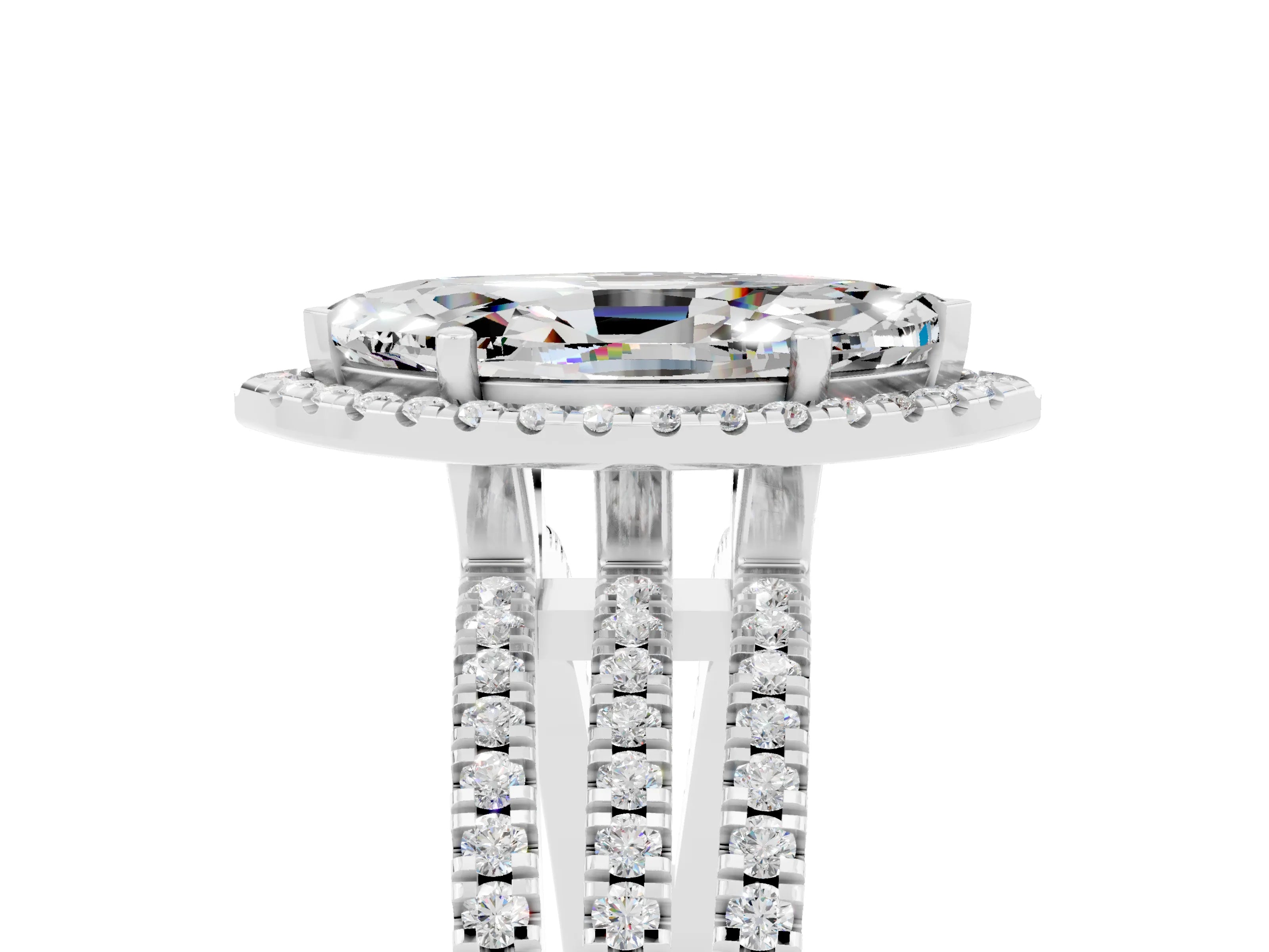 White gold {shape_name} Moissanite Halo Engagement Ring with Split Shank and Four-Prong Setting_5