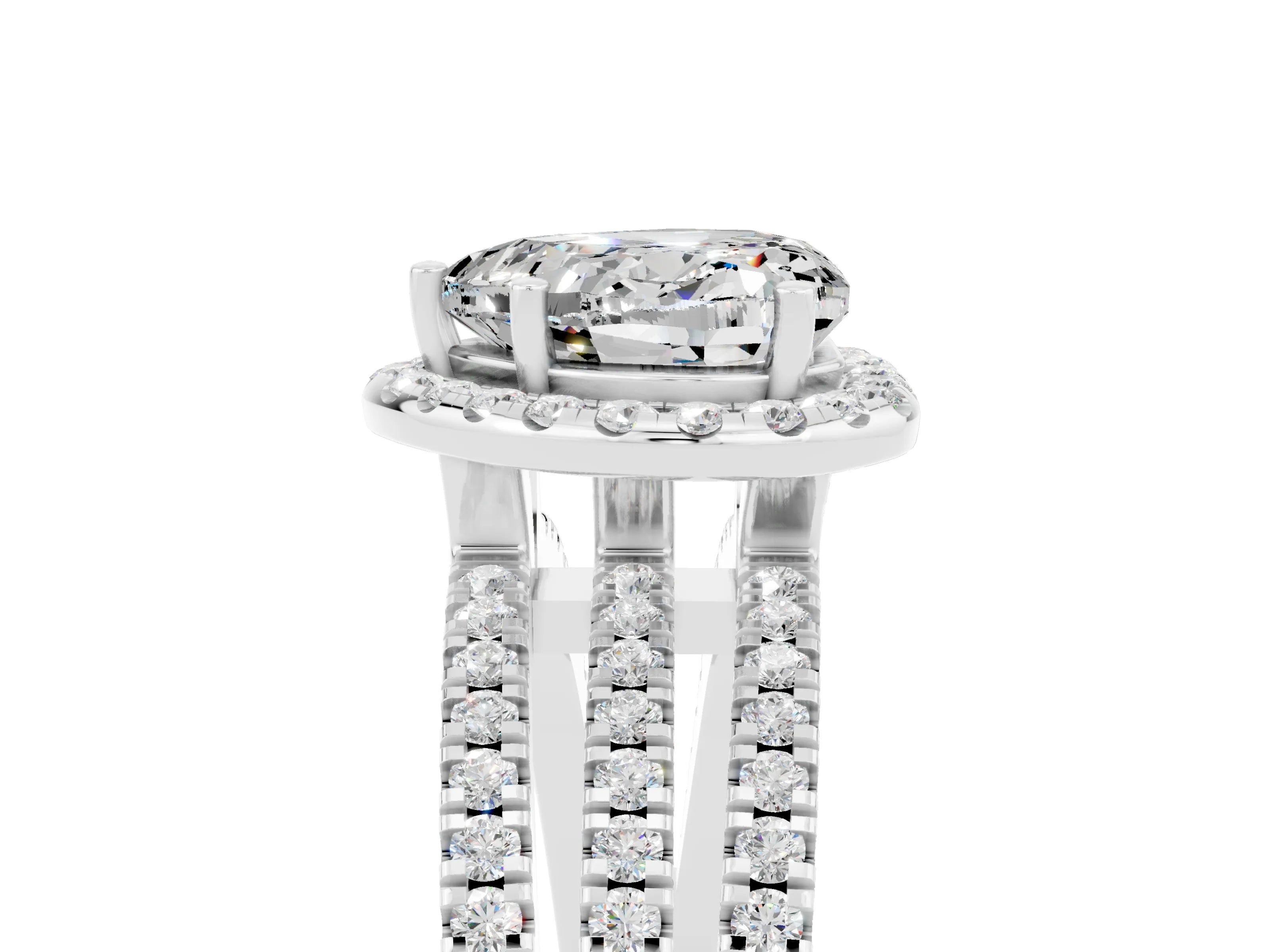 White gold {shape_name} Moissanite Halo Engagement Ring with Split Shank and Four-Prong Setting_5