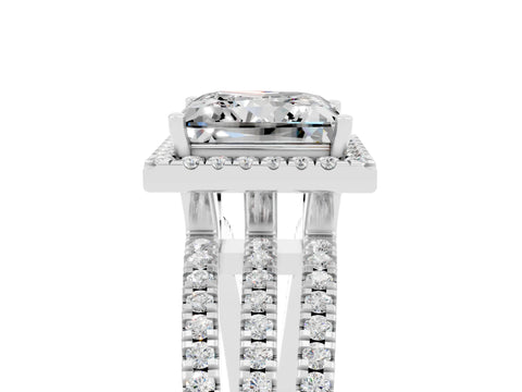 White gold {shape_name} Moissanite Halo Engagement Ring with Split Shank and Four-Prong Setting_5