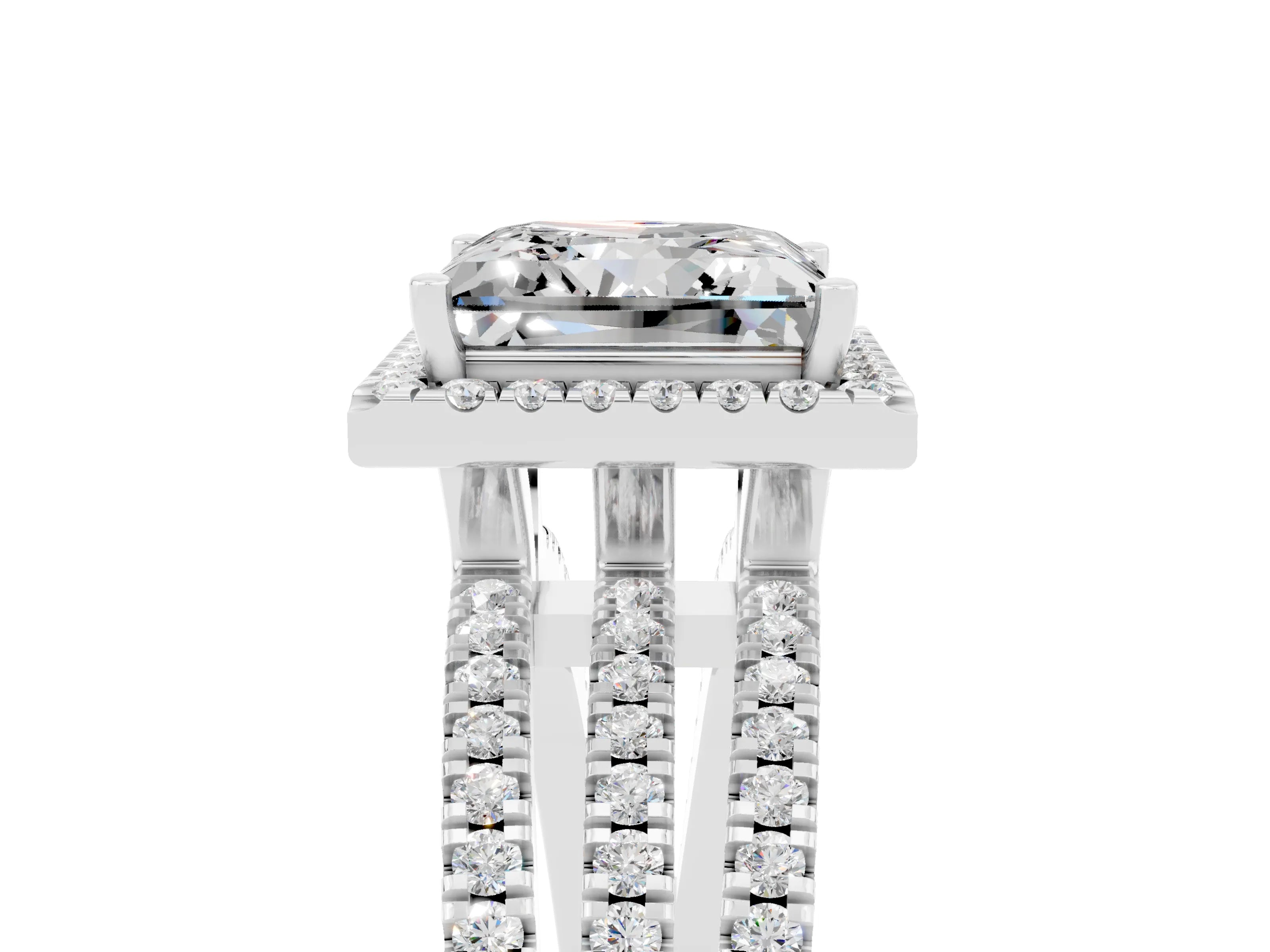 White gold {shape_name} Moissanite Halo Engagement Ring with Split Shank and Four-Prong Setting_5
