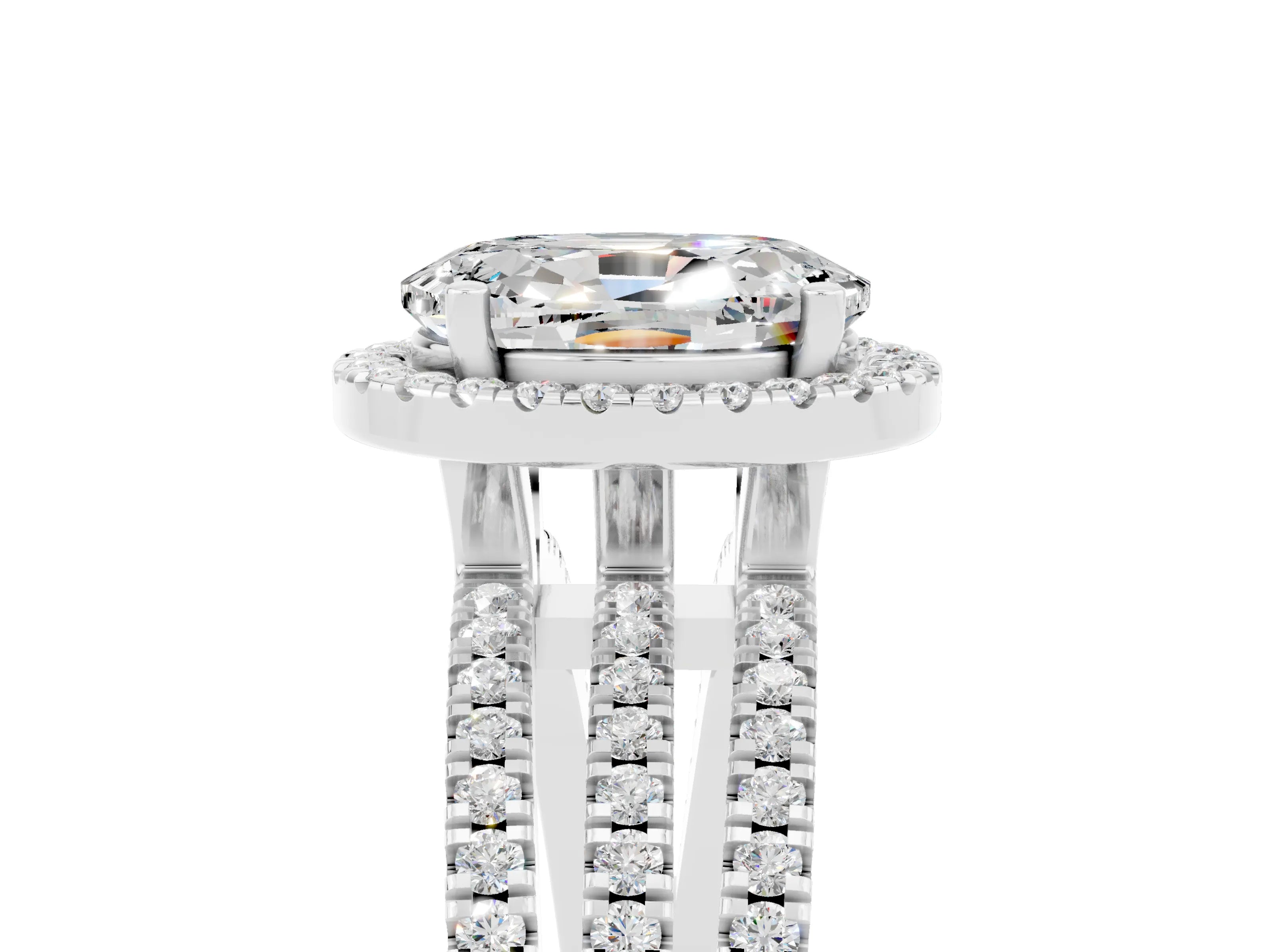 White gold {shape_name} Moissanite Halo Engagement Ring with Split Shank and Four-Prong Setting_5
