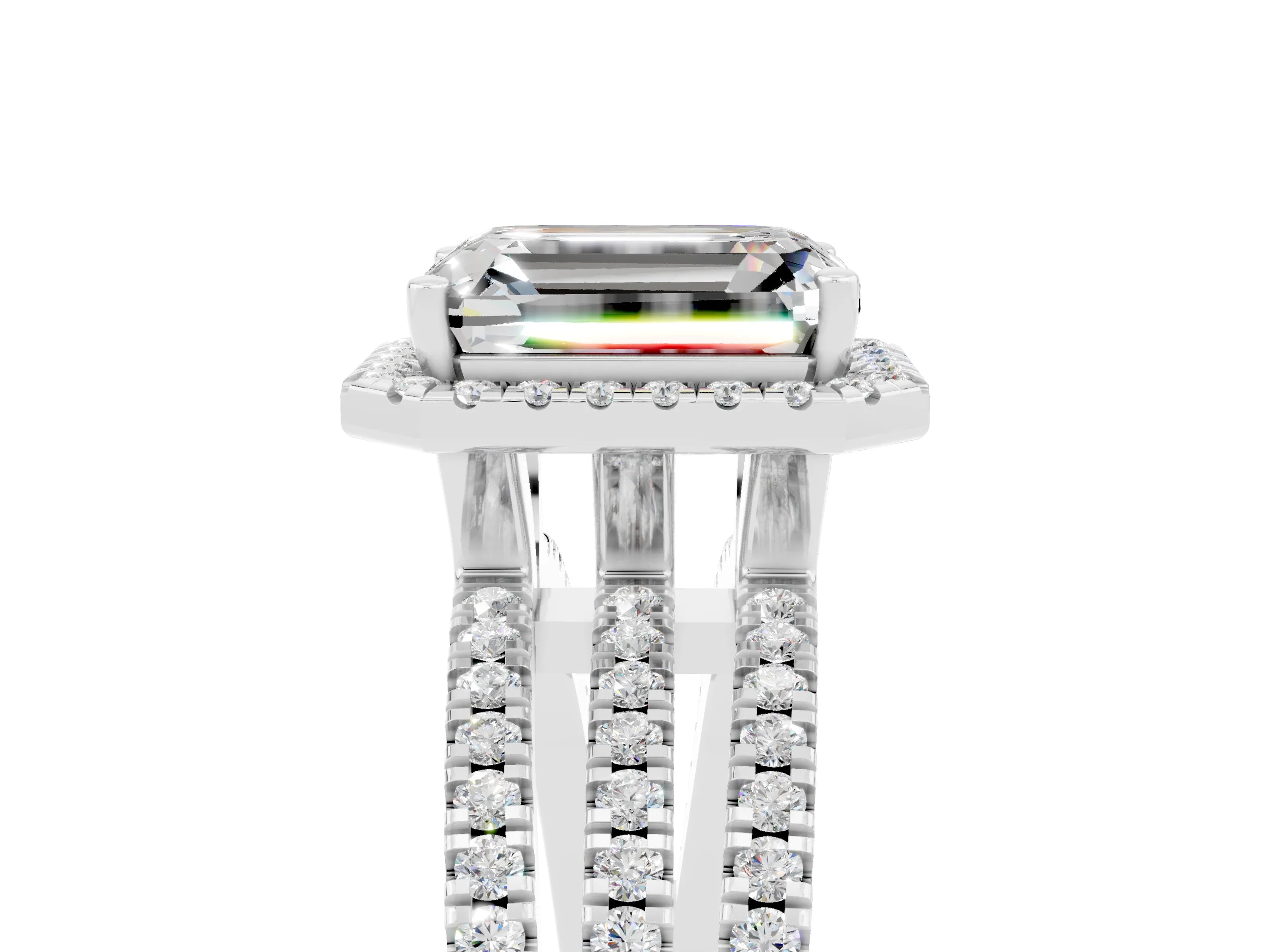 White gold {shape_name} Moissanite Halo Engagement Ring with Split Shank and Four-Prong Setting_5